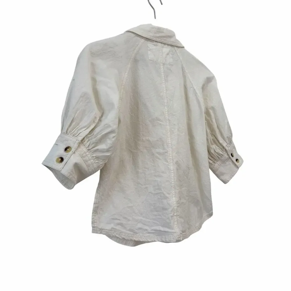 Free People White Puff Sleeve Button Front Cotton Blouse Top  Size X-Small